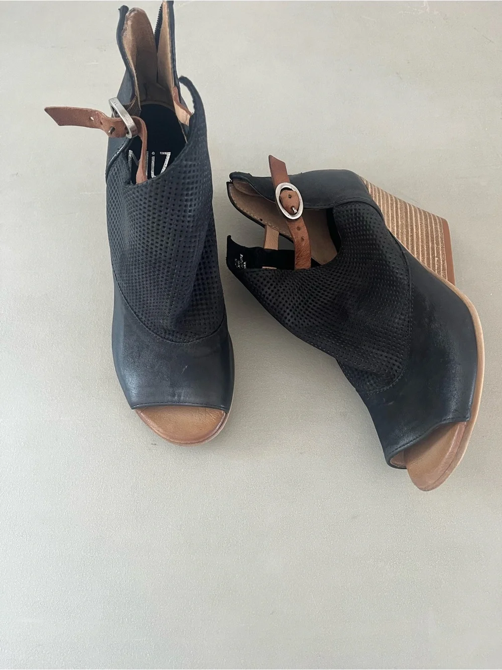 Miz Mooz Black Peep-Toe Wedge Sandals with Tan Accents